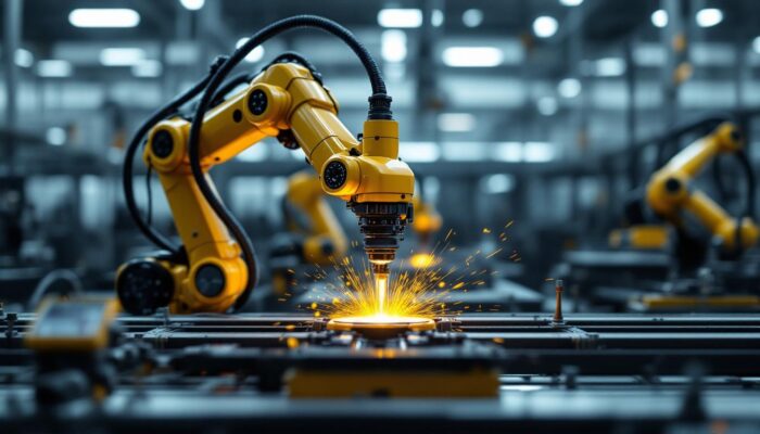 A photograph of a sleek industrial robotic arm in action