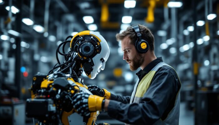 A photograph of a skilled software engineer working collaboratively with an industrial robot in a modern manufacturing environment