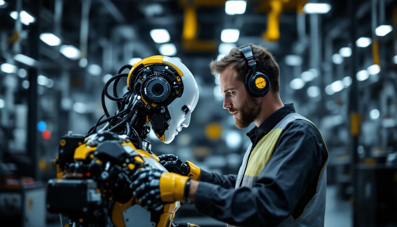 A photograph of a skilled software engineer working collaboratively with an industrial robot in a modern manufacturing environment