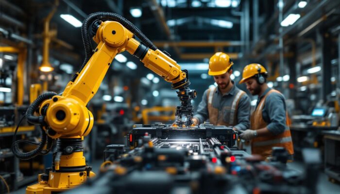 A photograph of a dynamic industrial setting featuring a robotic arm in action