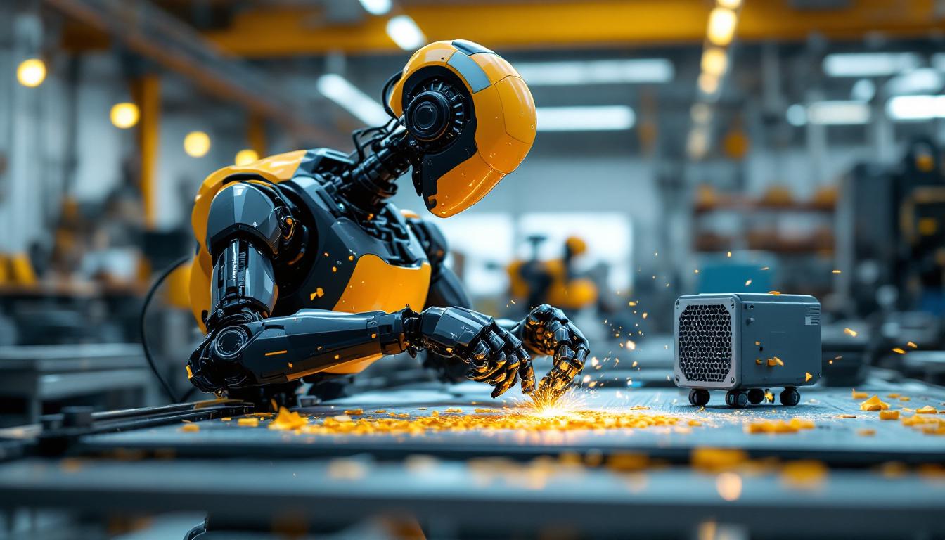 A photograph of an industrial robot in action