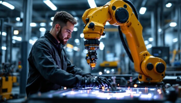 A photograph of a skilled technician programming or operating an industrial robotic arm in a modern manufacturing environment