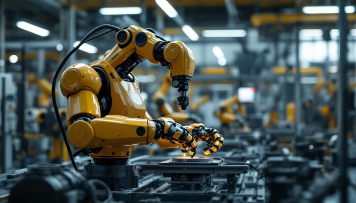 A photograph of a modern industrial robot in action