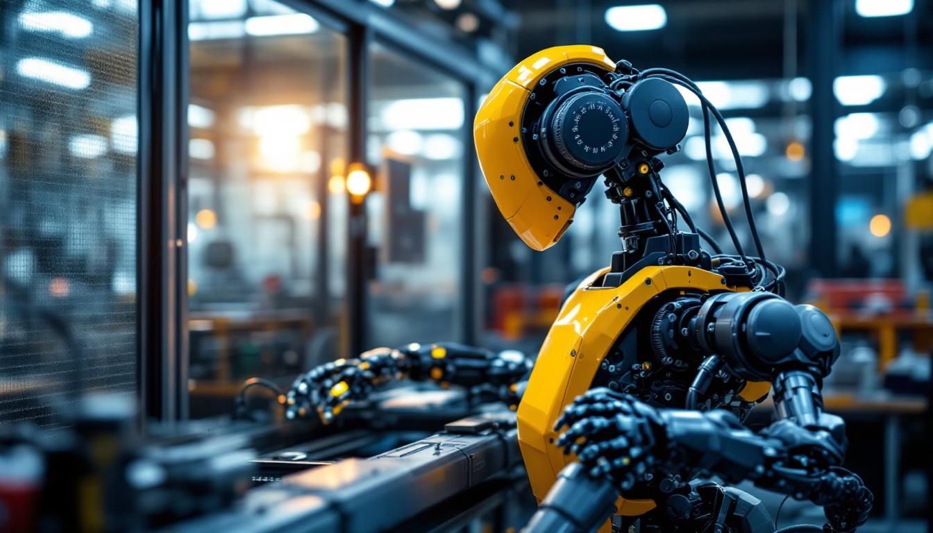 A photograph of capture a photograph of a modern industrial robot in action within a manufacturing environment