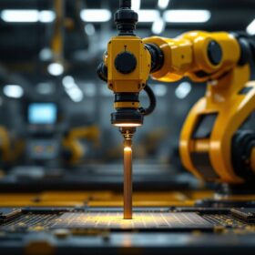 A photograph of a sleek industrial robotic arm in action