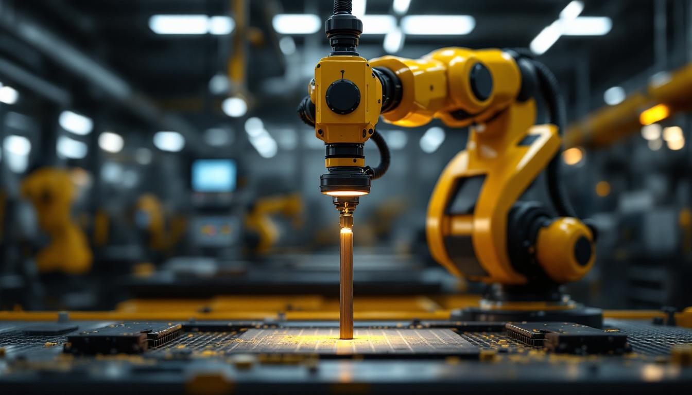 A photograph of a sleek industrial robotic arm in action