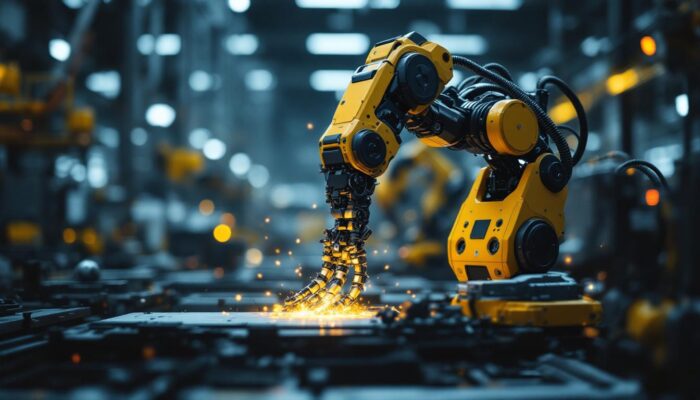A photograph of a sleek industrial robot in action