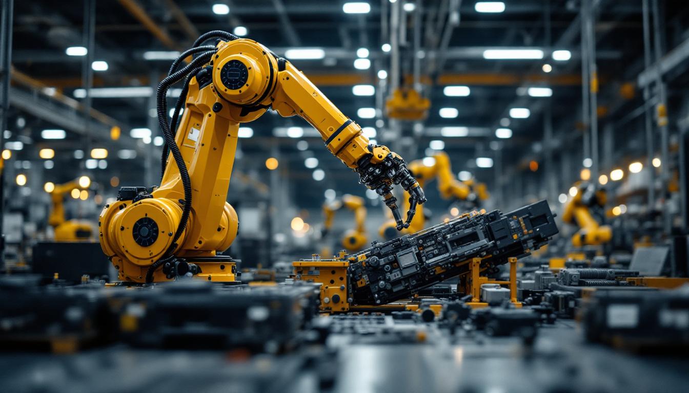 A photograph of a dynamic industrial robotic arm in action within a modern manufacturing environment