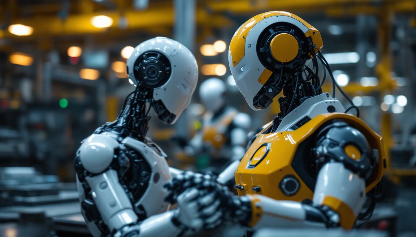 A photograph of a sleek industrial robot in action within a manufacturing environment