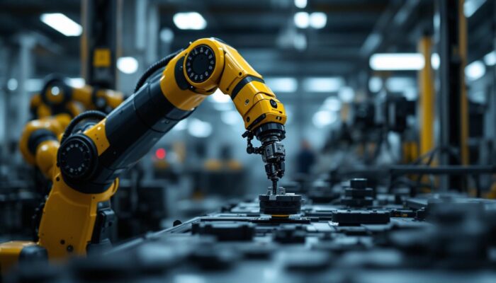 A photograph of a sleek industrial robotic arm in action within a modern manufacturing environment