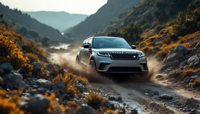 A photograph of capture a photograph of a range rover navigating a rugged terrain