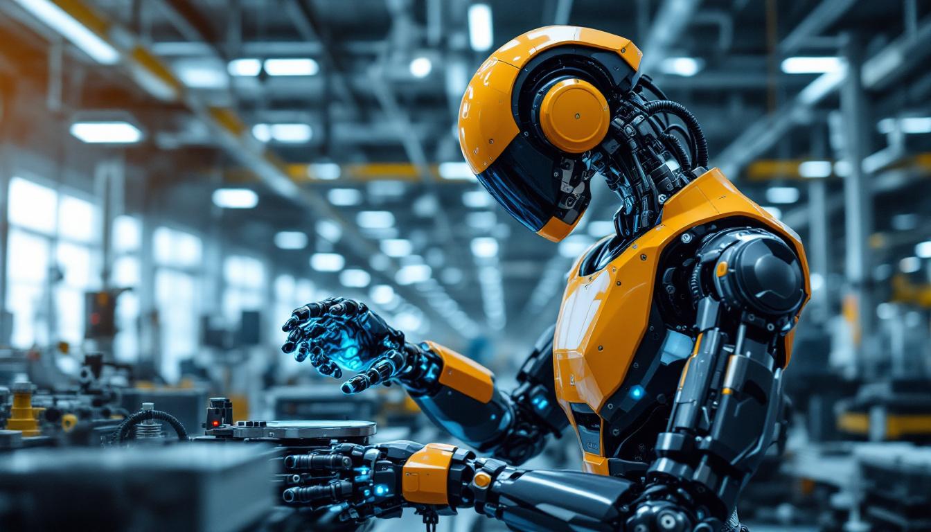 A photograph of a sleek industrial robot in action within a modern manufacturing facility