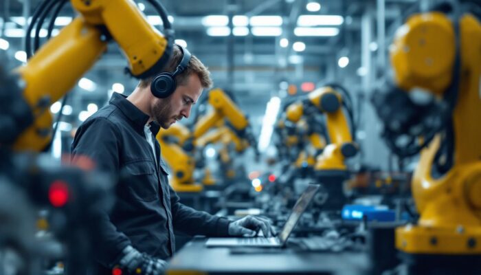 A photograph of a data analyst working alongside industrial robots in a dynamic manufacturing environment