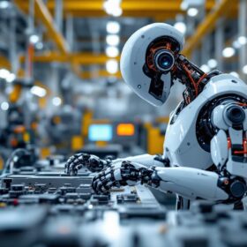 A photograph of a sleek industrial robot in action within a modern manufacturing facility