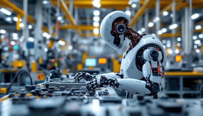 A photograph of a sleek industrial robot in action within a modern manufacturing facility