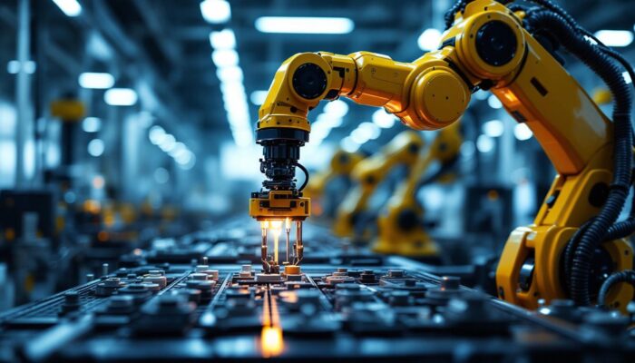 A photograph of a sleek industrial robotic arm in action