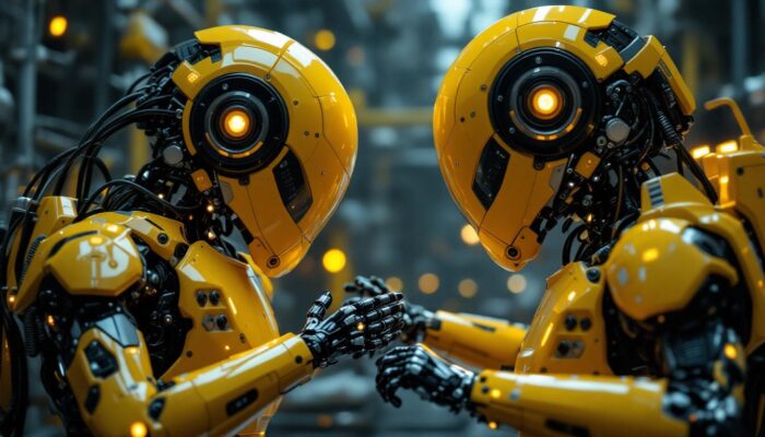 A photograph of a futuristic industrial setting featuring two or more robots engaged in communication or collaboration