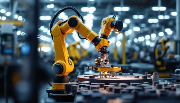 A photograph of a modern industrial robotic arm in action within a dynamic manufacturing environment