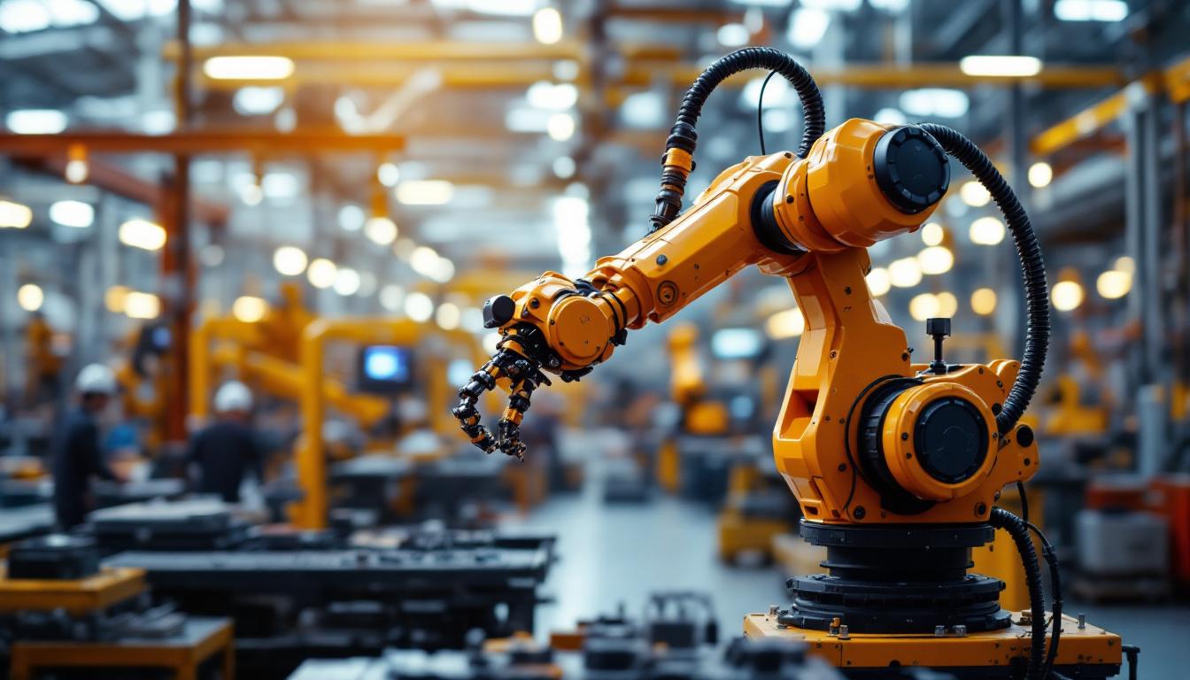 A photograph of a dynamic industrial robotic arm in action