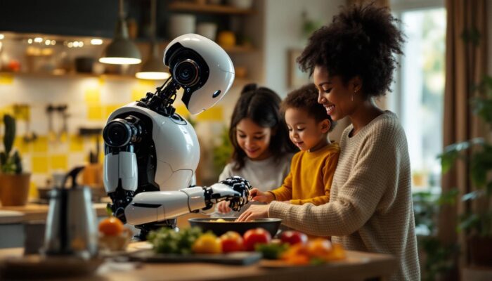 A photograph of a humanoid robot interacting with a family in a cozy home setting