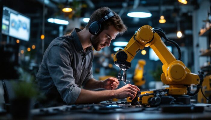 A photograph of a dynamic scene showcasing a marketing intern engaging with industrial robotics in a modern workspace
