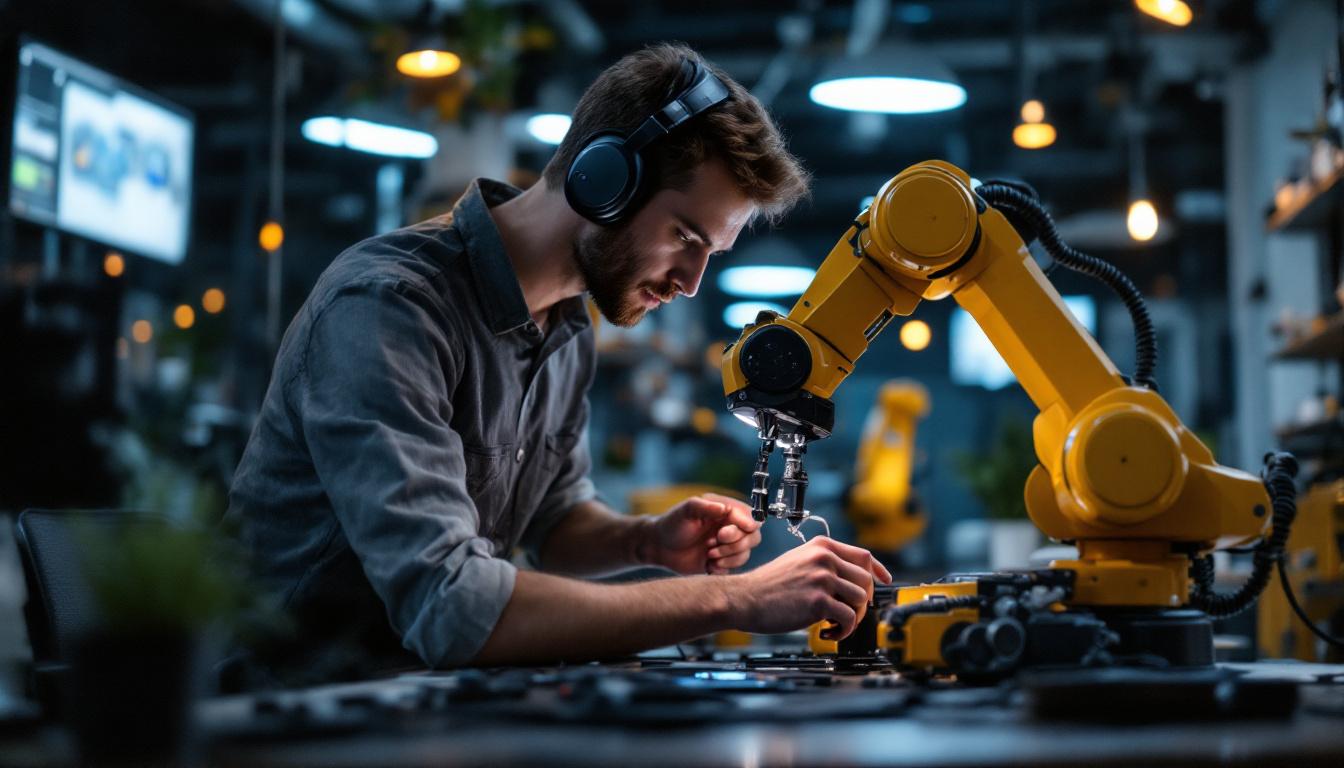 A photograph of a dynamic scene showcasing a marketing intern engaging with industrial robotics in a modern workspace