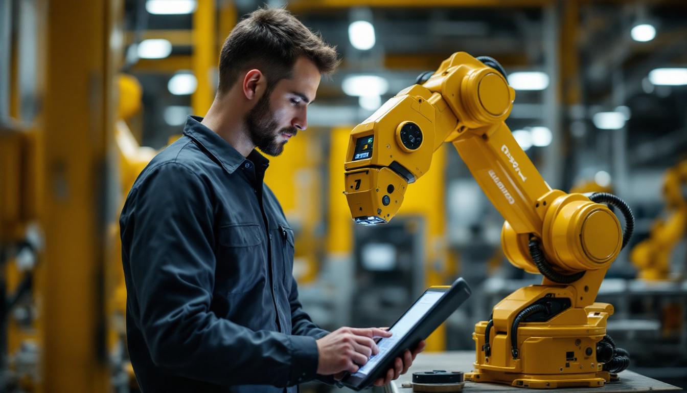 A photograph of a skilled technician programming or operating the atlas pilot industrial robot in a modern manufacturing environment