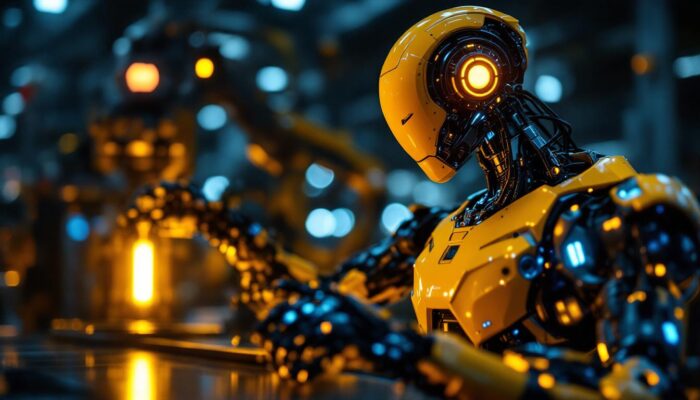 A photograph of a sleek industrial robot in action