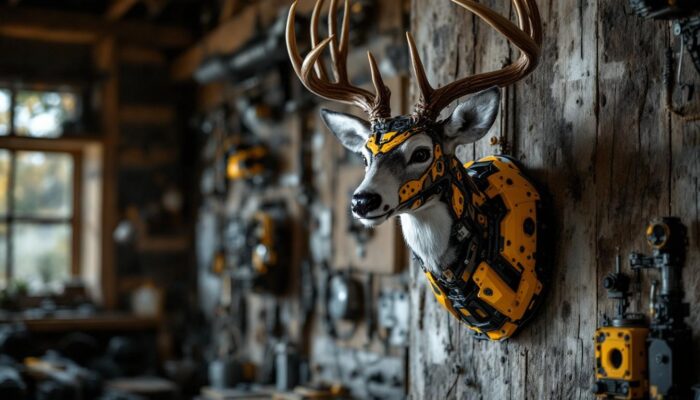 A photograph of a beautifully detailed deer shoulder mount displayed in a rustic setting