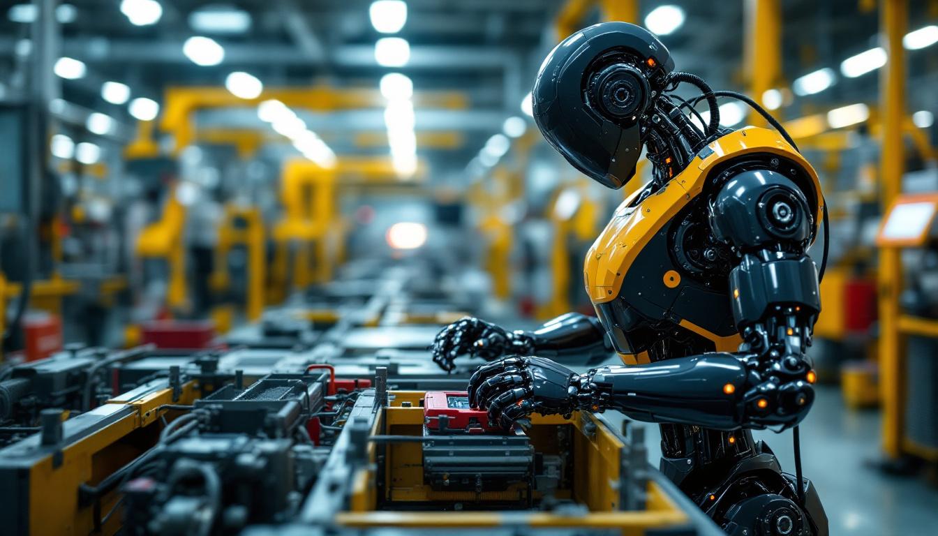 A photograph of a sleek industrial robot in action on a factory floor