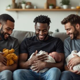 A photograph of a diverse group of fathers joyfully engaging with their newborns in a cozy home setting