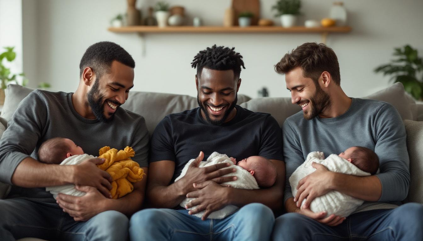 A photograph of a diverse group of fathers joyfully engaging with their newborns in a cozy home setting