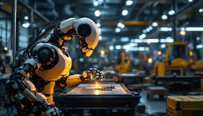 A photograph of a modern industrial robot in action within a manufacturing setting