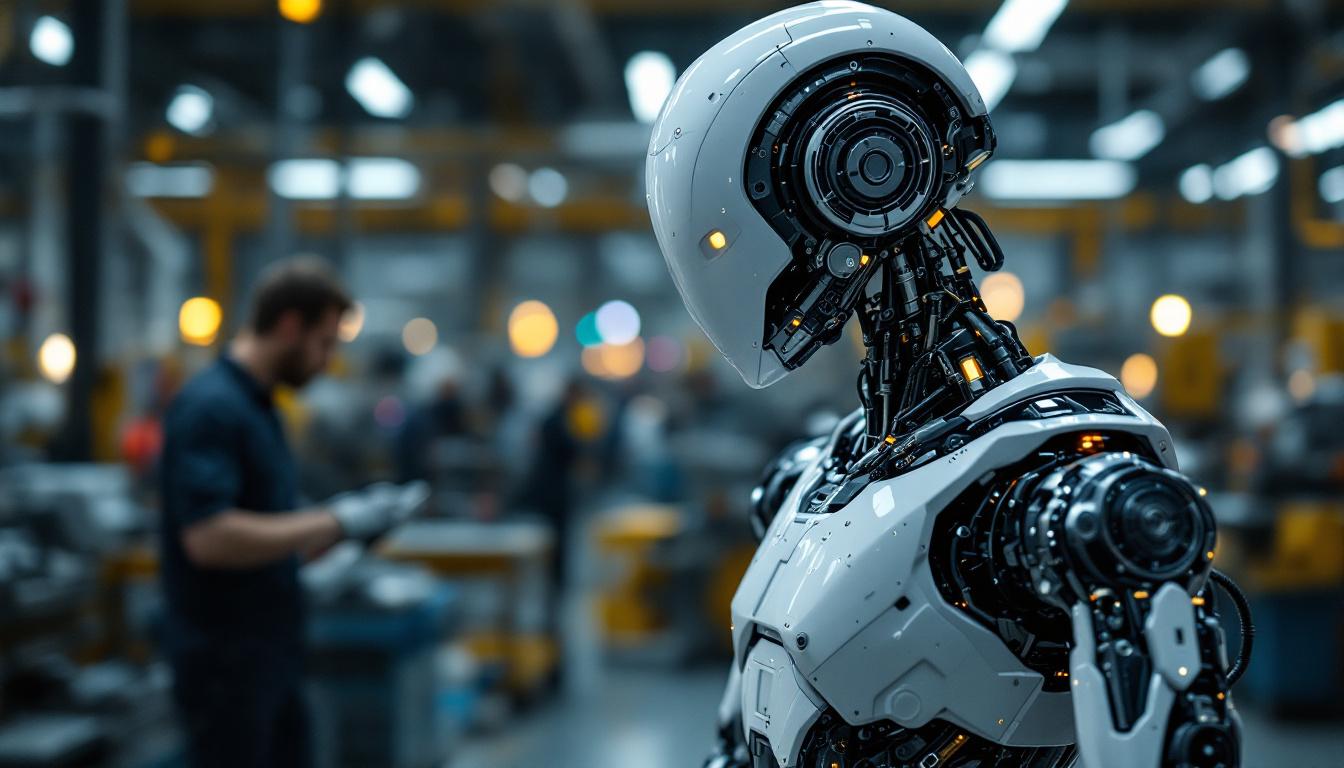 A photograph of a sleek industrial robot in action within a boston manufacturing facility