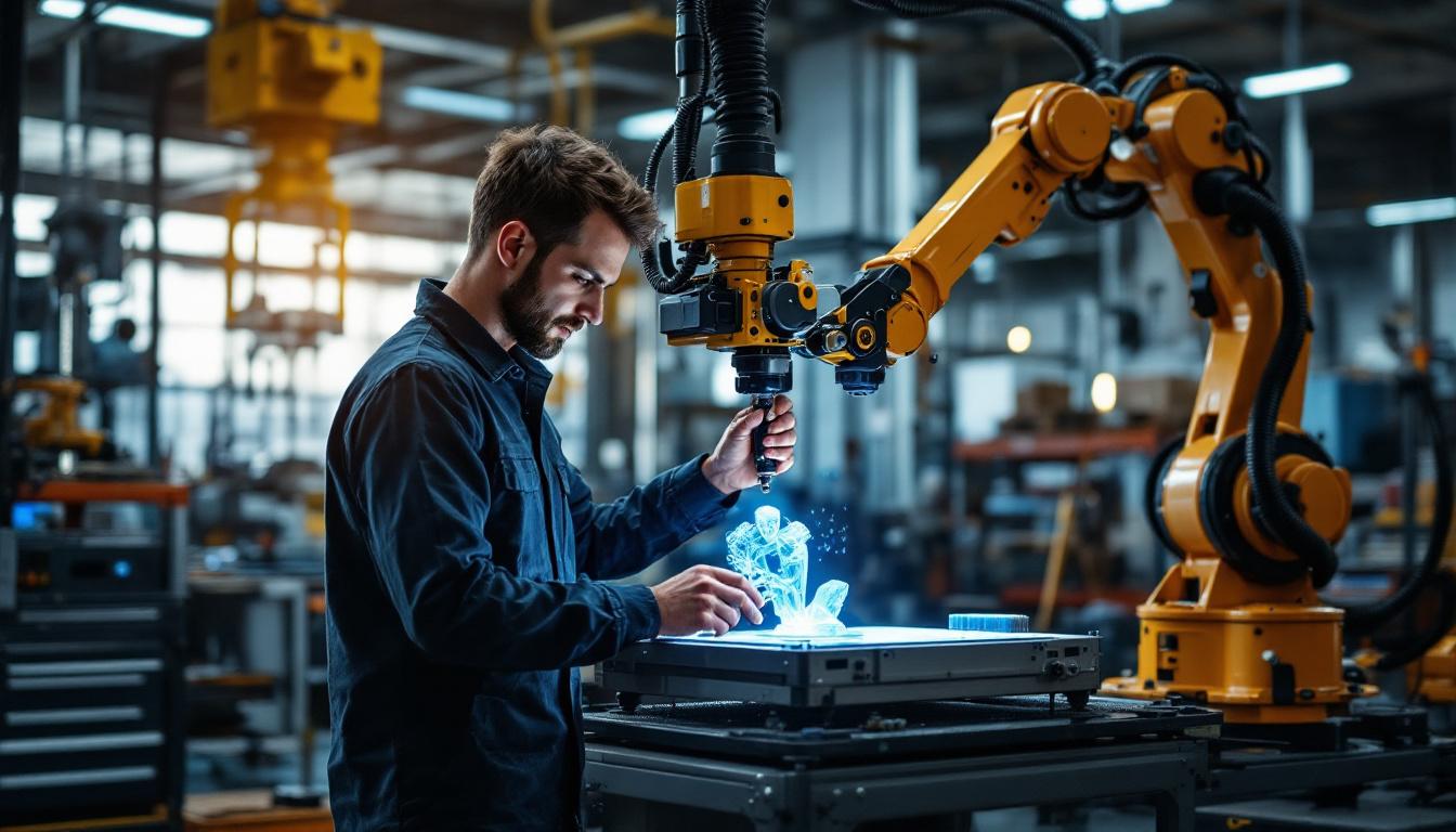 A photograph of a skilled technician operating a 3d scanner on an industrial robotic arm