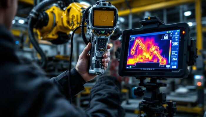 A photograph of a skilled technician using a thermal camera to inspect an industrial robotic arm in a manufacturing setting