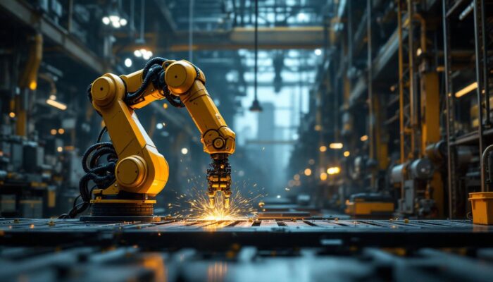 A photograph of a dynamic industrial robotics setting in new york city