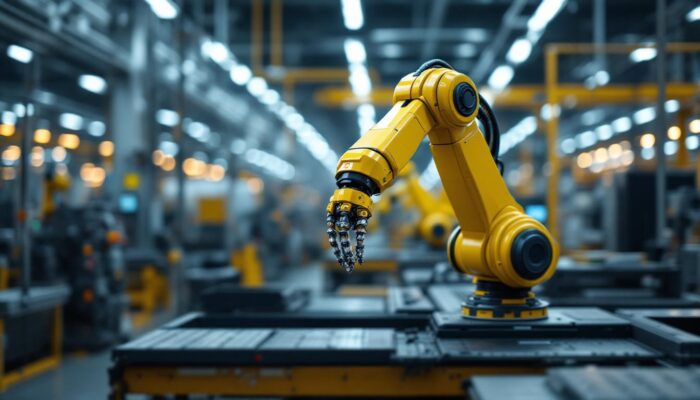 A photograph of a sleek industrial robotic arm in action within a modern manufacturing environment