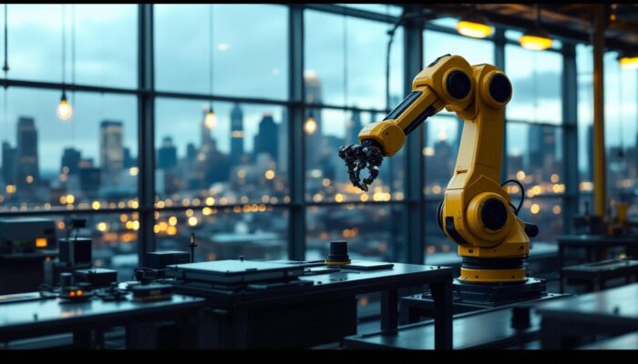 A photograph of a dynamic industrial robotics environment in boston