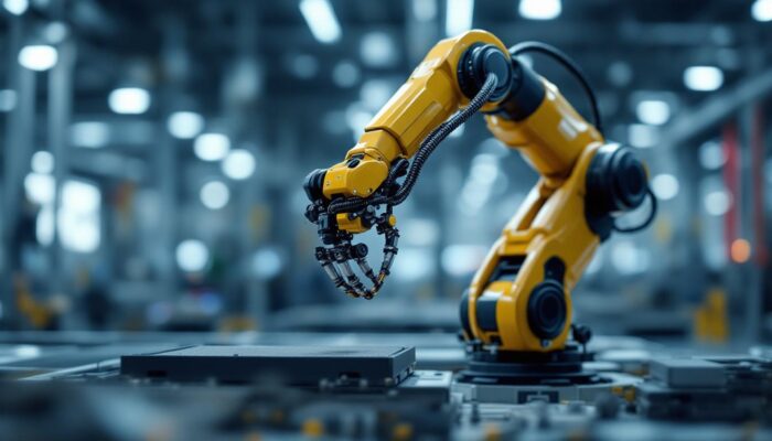 A photograph of a sleek industrial robotic arm in action