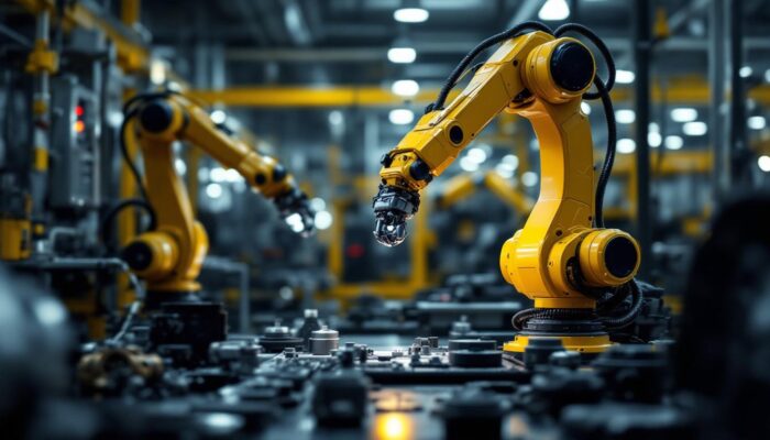 A photograph of a sleek industrial robotic arm in action within a well-lit auto parts manufacturing facility