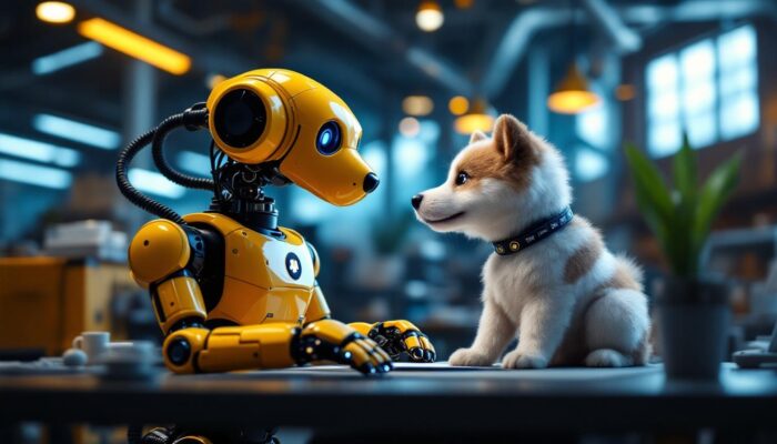 A photograph of a creative and visually engaging industrial robot interacting with a playful dog logo