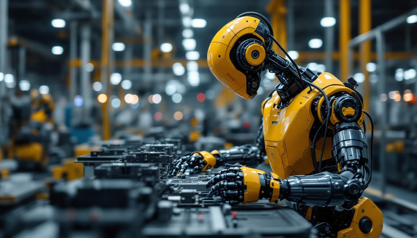 A photograph of capture a photograph of a modern industrial robot in action within a manufacturing environment