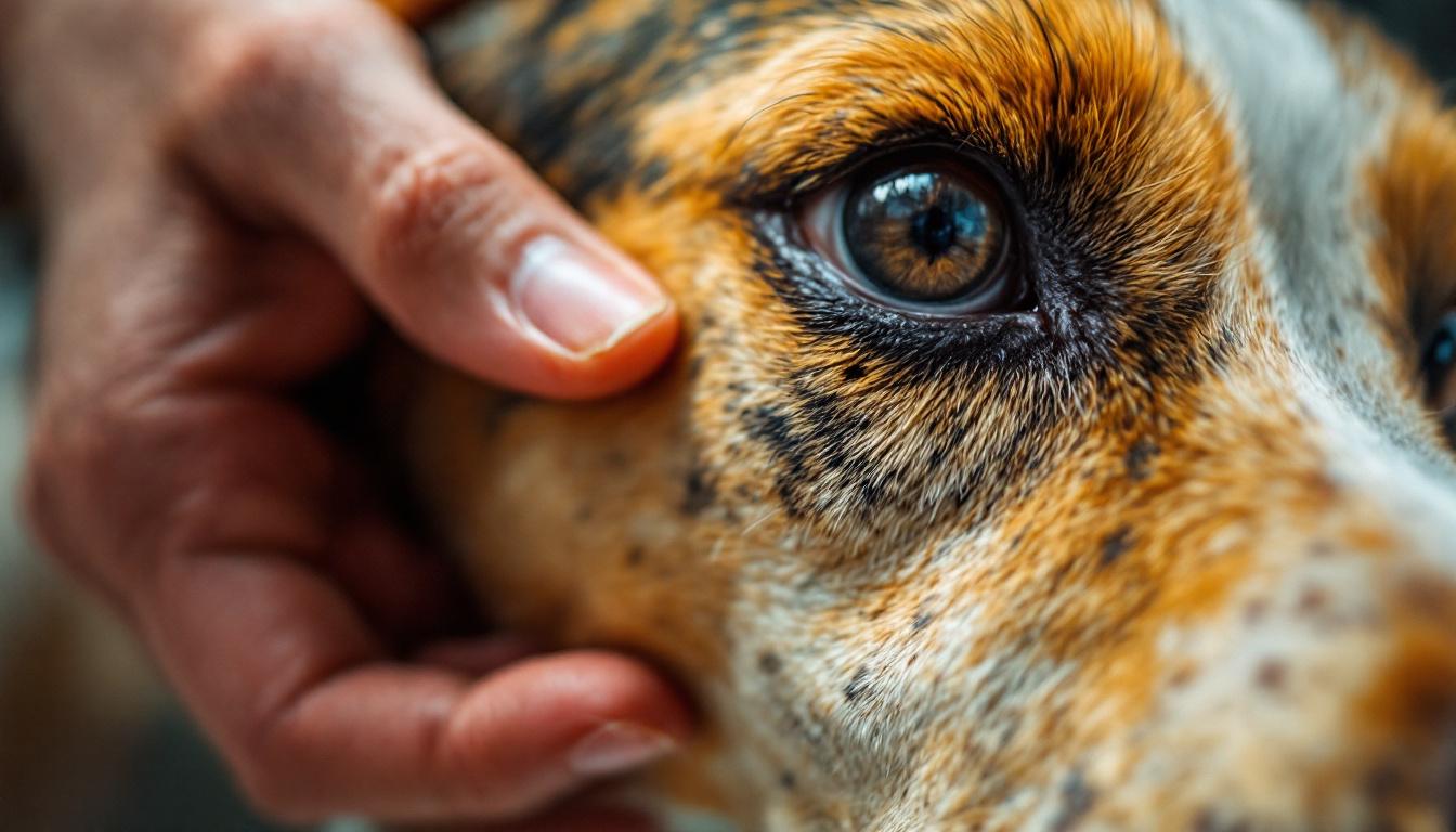 A photograph of a close-up of a dog's skin showing a black spot