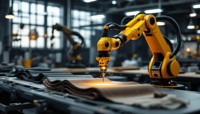A photograph of a sleek industrial robotic arm in action