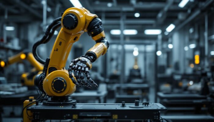 A photograph of a sleek industrial robotic arm in action