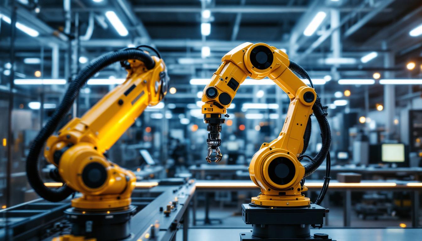 A photograph of a modern industrial robotic arm in action within a sleek