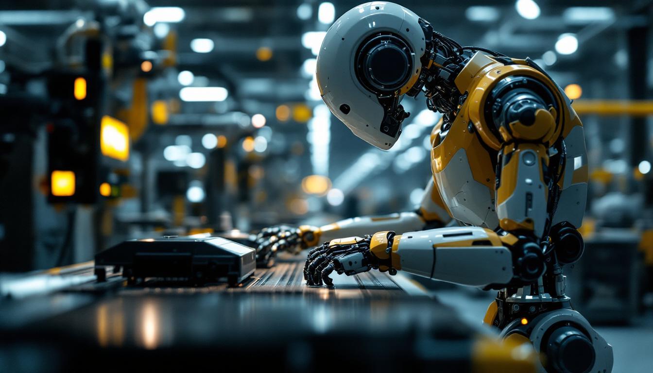 A photograph of a sleek industrial robot in action on a factory floor