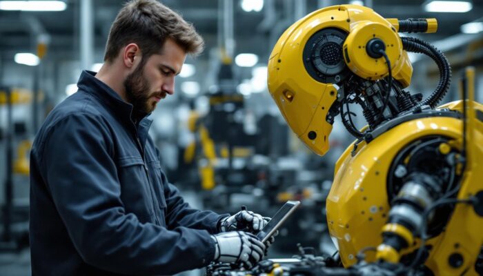 A photograph of a skilled technician working alongside an industrial robot in a modern manufacturing facility