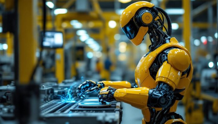 A photograph of a sleek industrial robot in action within a manufacturing environment